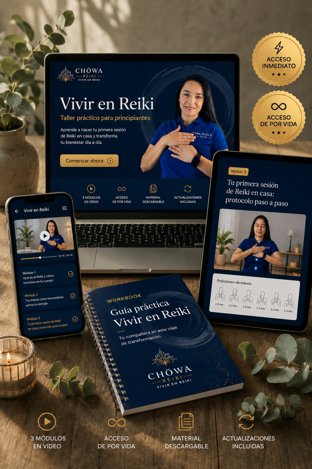 Taller Vivir en Reiki en portátil, tablet y móvil, con workbook incluido